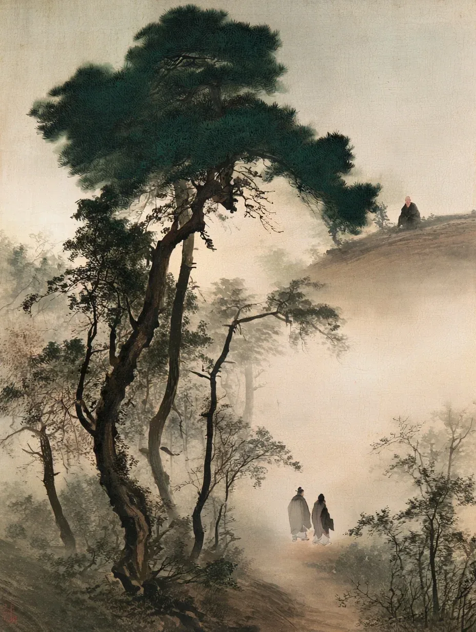 山间行者与远眺老人｜Midjourney的东方留白构图