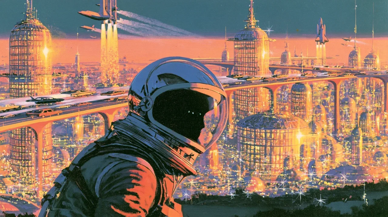 一幅充满张力的复古科幻画作:MJ画面构图与风格拆解