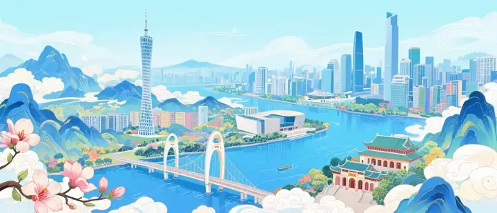 即梦发现!国潮广州手绘插画拆解|如何用“天蓝色调”跑出五彩斑斓感