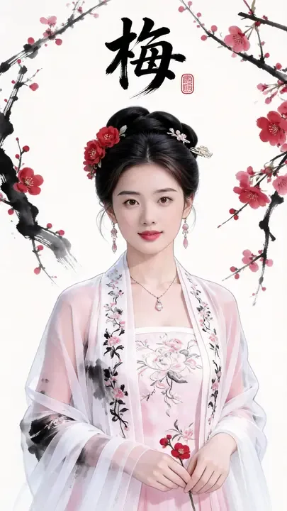 即梦古风仕女图拆解 | 水墨梅花与淡粉汉服的雅致融合