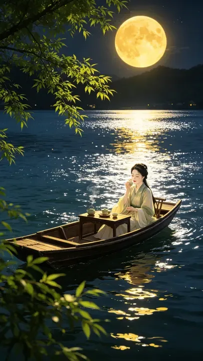 即梦好图分享 | 月夜江南古风意境，前景枝桠构图太妙了