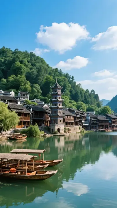 即梦社区发现的江南水乡 | 塔、船、水面、天空的提示词结构解析