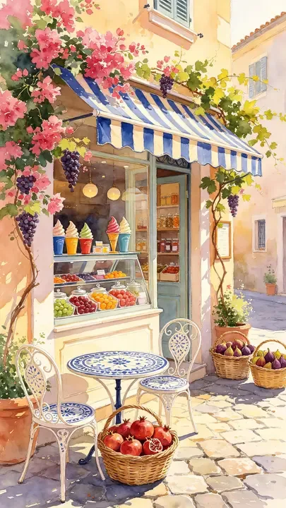 即梦高分水彩插画解析：意大利甜品店，阳光与花藤构图