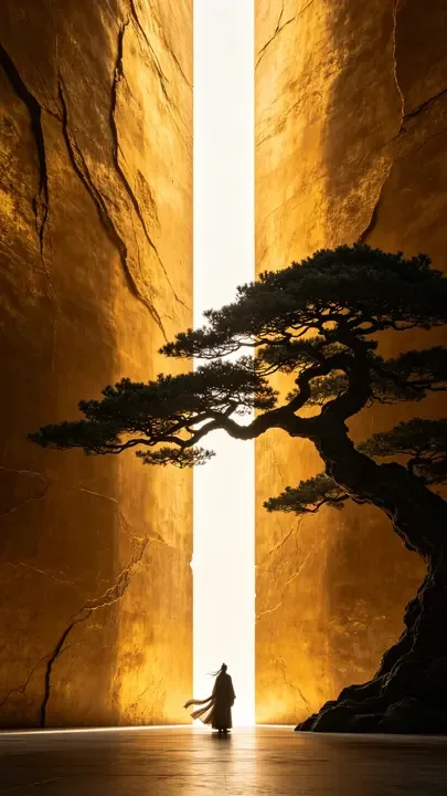 即梦好图拆解:金色巨石与枯松间的逆光剪影