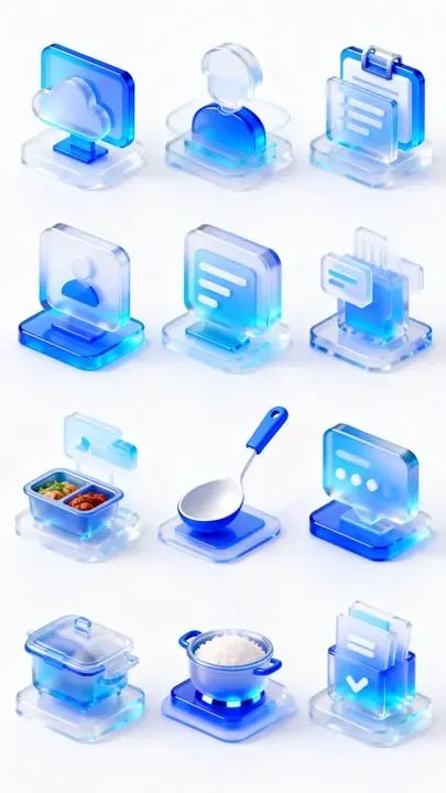 即梦高分图标拆解｜磨砂玻璃感食堂主题3D图标