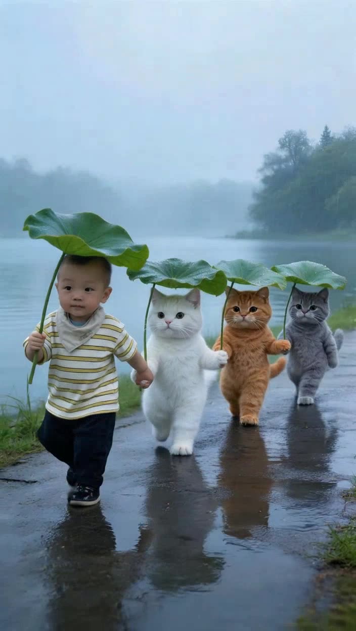 雨中萌宝小猫队撑荷叶伞 | 即梦视频好暖心