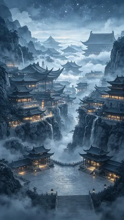 即梦新发现 | 暗灰蓝水彩风古风山城，风水布局让画面更耐看