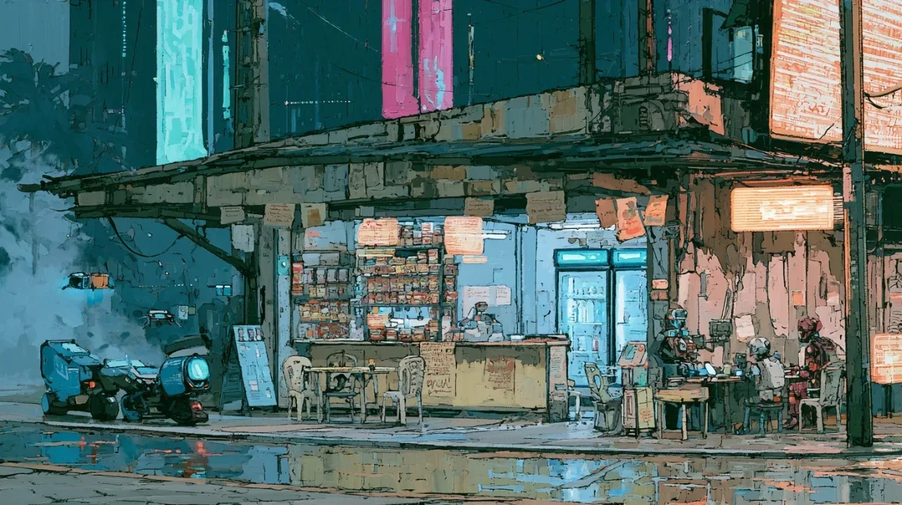 赛博朋克+南美小店，MJ 8.2 油画感作品拆解 | 商业落地潜力分析