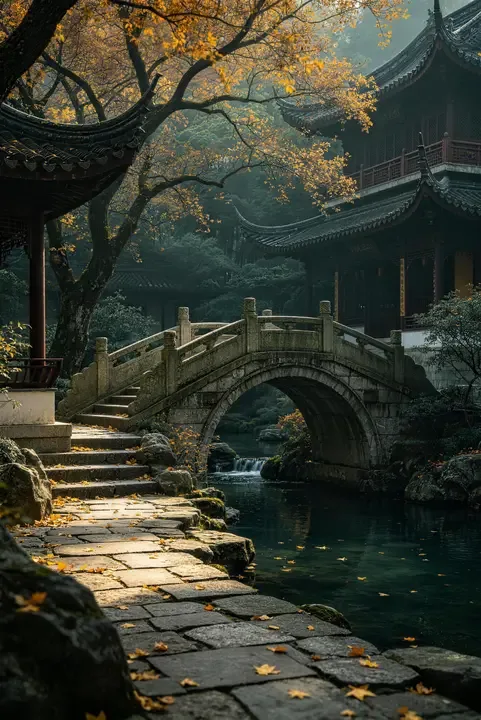 即梦高分作品 | 江南寺院秋景的电影级构图与光影