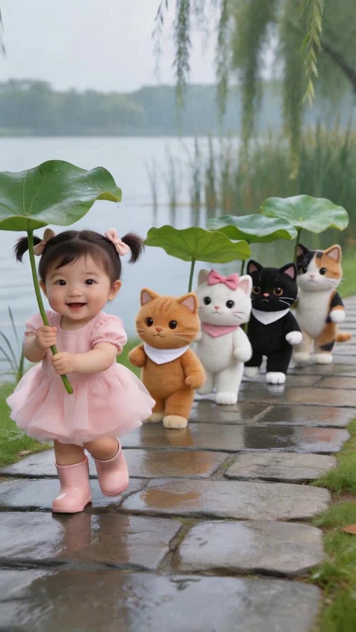 即梦视频这角色一致性可以啊｜萌娃带队毛绒猫咪雨中行