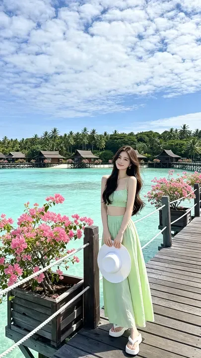 即梦这张海岛图，角色和背景融合得可以，提示词也讲究