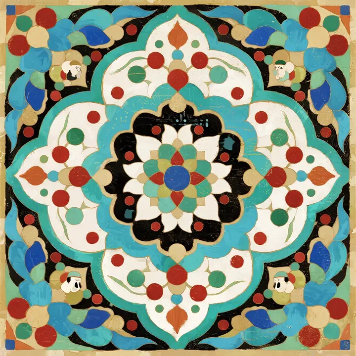 即梦的波斯陶瓷插画作品 | 拆解大师级排版和颜色构成，这提示词写得巧