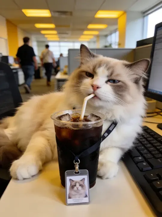 即梦出的抓拍感猫咪工牌照｜光影和细节值得看