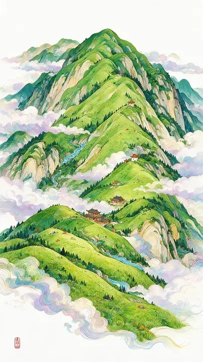 即梦发现：高饱和度矢量插画山景｜巧用留白和撞色营造仙境感