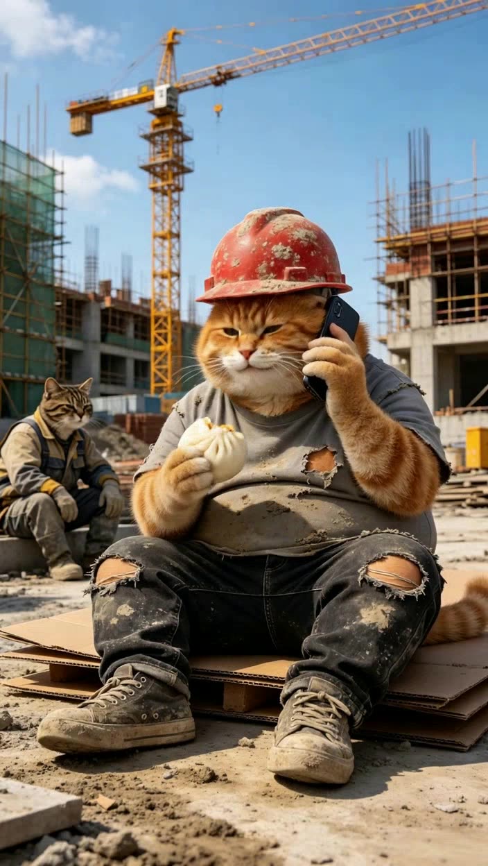 即梦工地胖橘猫视频 | 打工人午休，细节和运镜都太戳了
