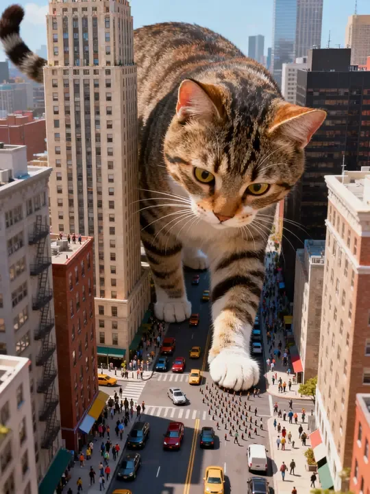 即梦巨猫穿越都市 | 这种超现实感做短视频太有冲击力了