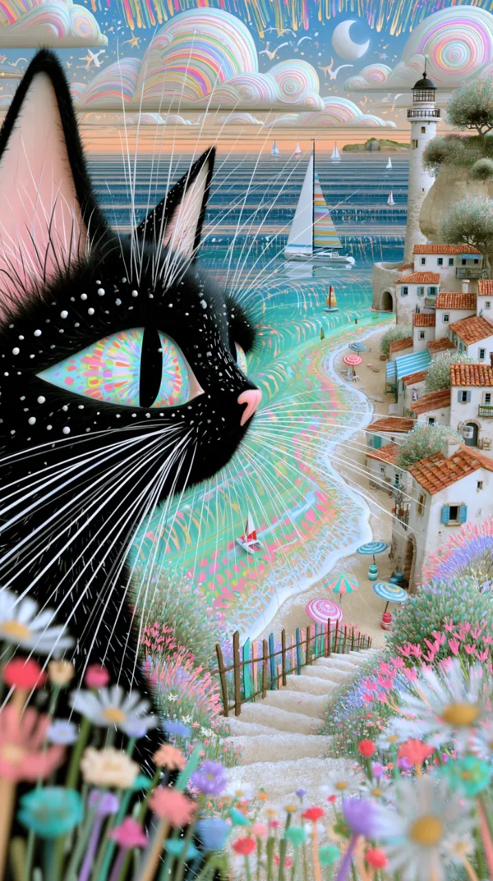 MJ作品分享：前景猫咪与远处风景 | 线条和色彩的运用