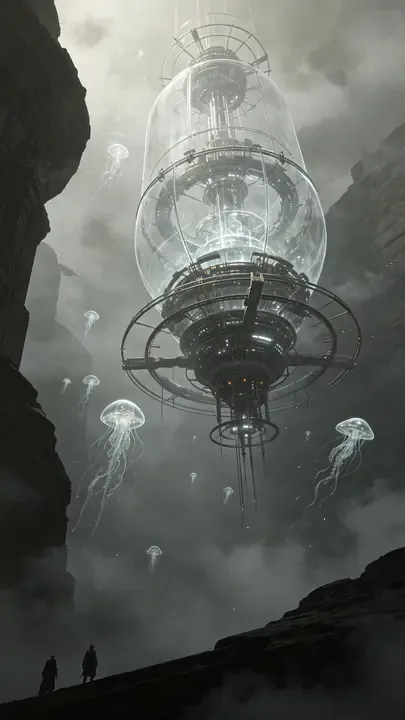 即梦作品分享｜低视线角度的复古科幻与透明感构图