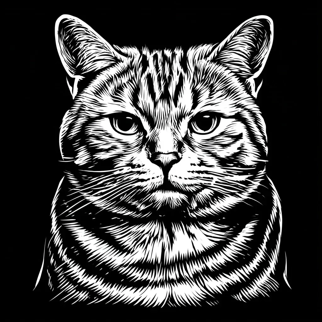 分享一张木刻风猫咪肖像 | 提示词里对风格的精细控制太棒了