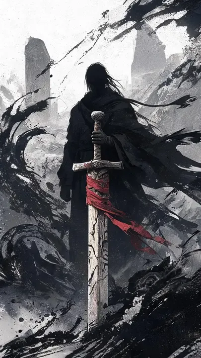 即梦国风插画解析 | 墨色木剑的苍凉意境与提示词