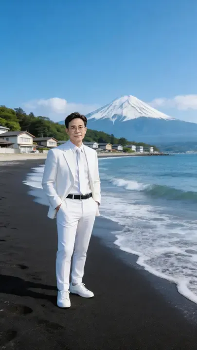 即梦作品拆解 | 富士山海滨的治愈感构图与白色系穿搭