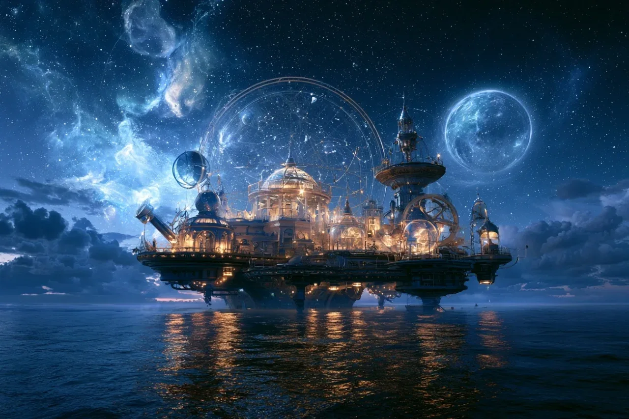 深海之上浮空星站 | MJ提示词拆解营造赛博朋克史诗感