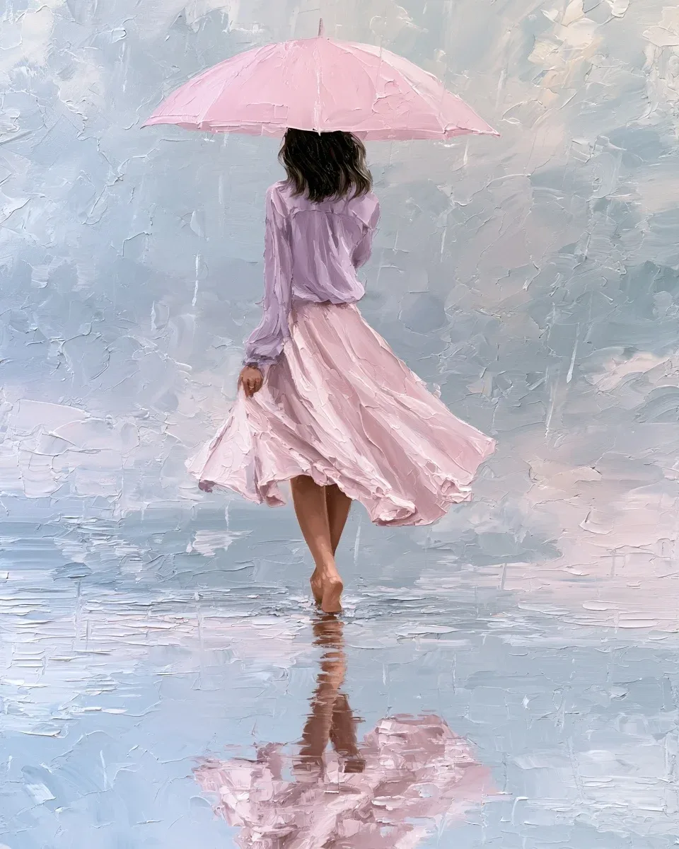 雨中撑伞的意境 | Midjourney重彩油画的和谐配色赏析