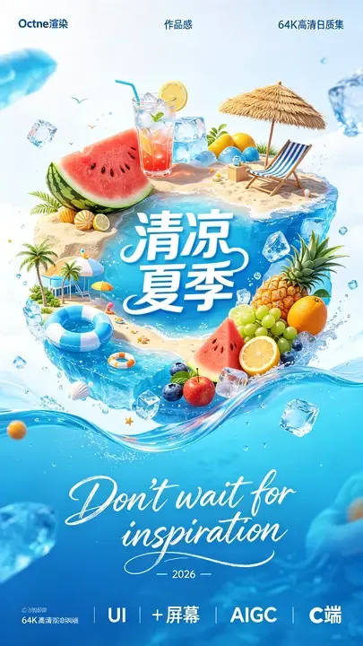 即梦作品赏析：蓝色调夏日海报，留白与构图的平衡美学