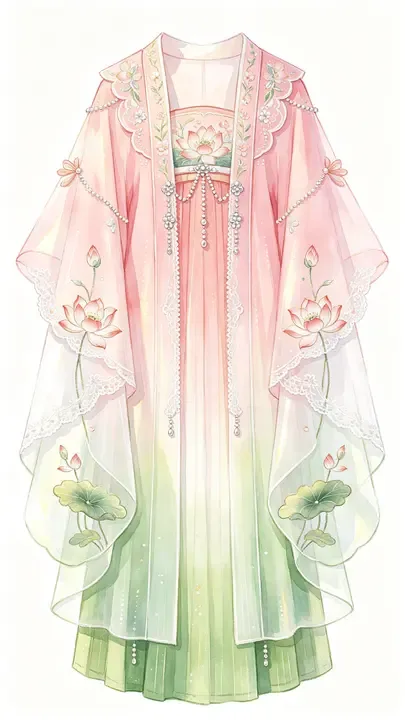 即梦这件粉绿汉服插画，配色雅致 | 构图和细节值得细品