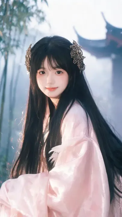 藕粉真丝广袖美人｜即梦出的这件淡彩作品，配色与光影皆有讲究