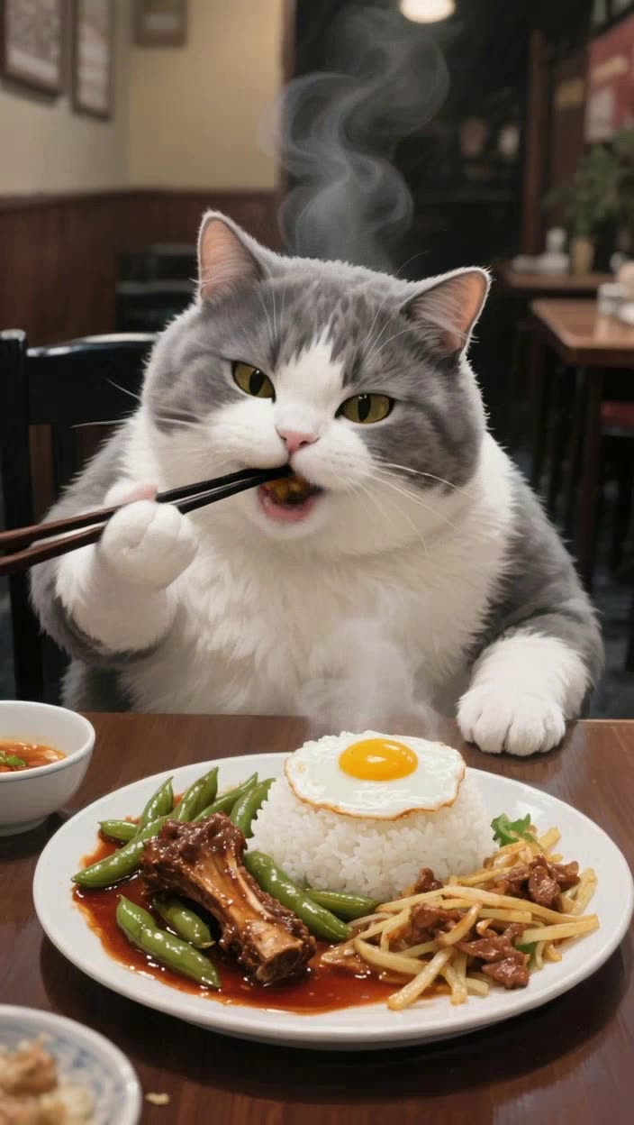 即梦：肥猫食记｜解析拟人英短用餐视频的写实风格与动感