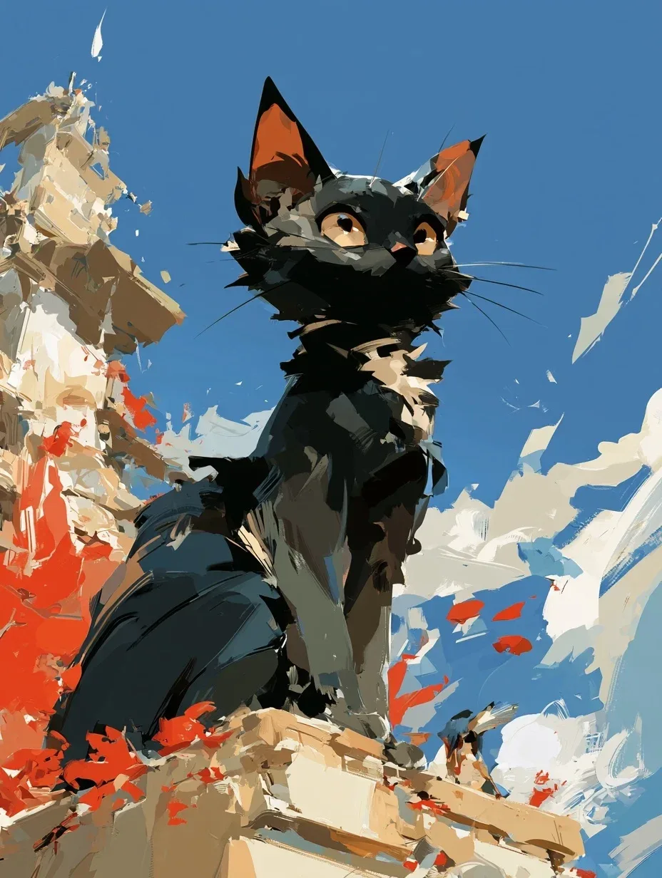 一句「黑猫」出此画境 | MJ里国风审美的留白与配色巧思