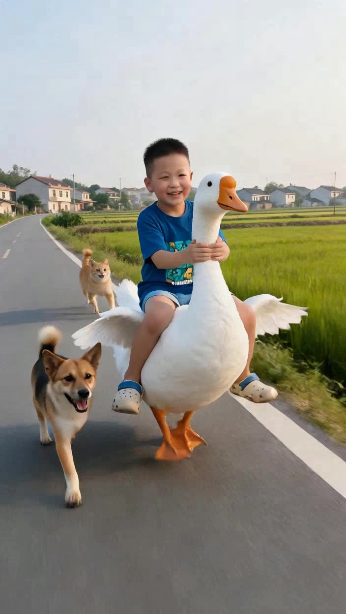 即梦作品分析｜小朋友骑鹅飞奔，纯中文提示词如何强化情绪与动态