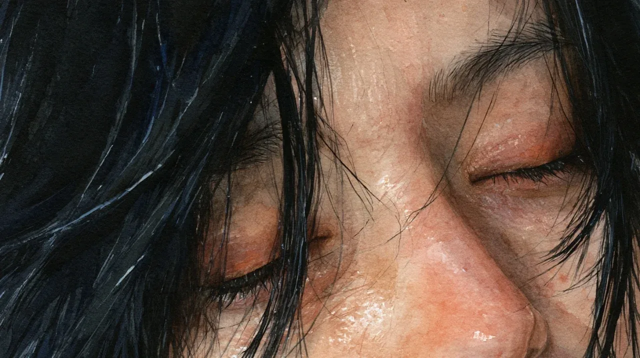 MJ水彩疲惫女性特写 | 巴士暗光与湿发细节的提示词分解