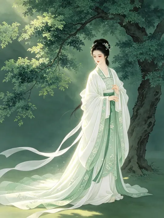 即梦古风工笔 | 雅致女子与树影光斑，细节和意境的平衡