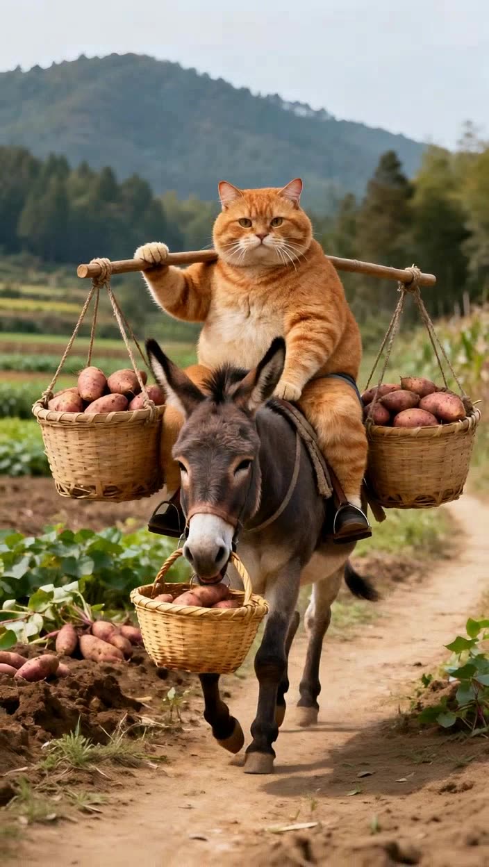 即梦这短片运镜细节都不错 | 毛驴橘猫驮货