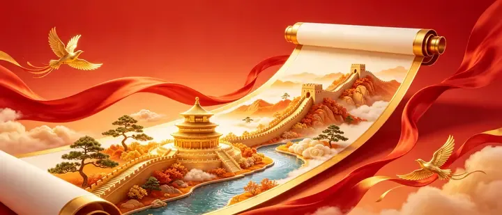 即梦国庆背景图｜卷轴设计和元素堆叠的巧思