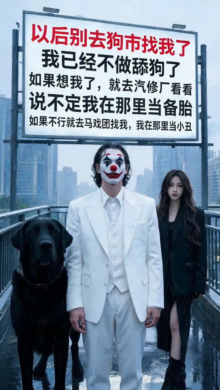 即梦视频 | 雨中大笑的小丑和狗狗，牌子字不动太厉害啦！