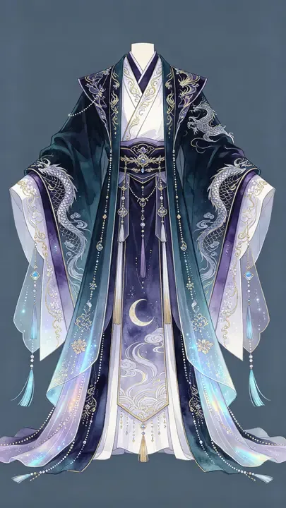 即梦仙侠服饰设计稿分享 | 墨青玄紫配色与多材质混搭解析