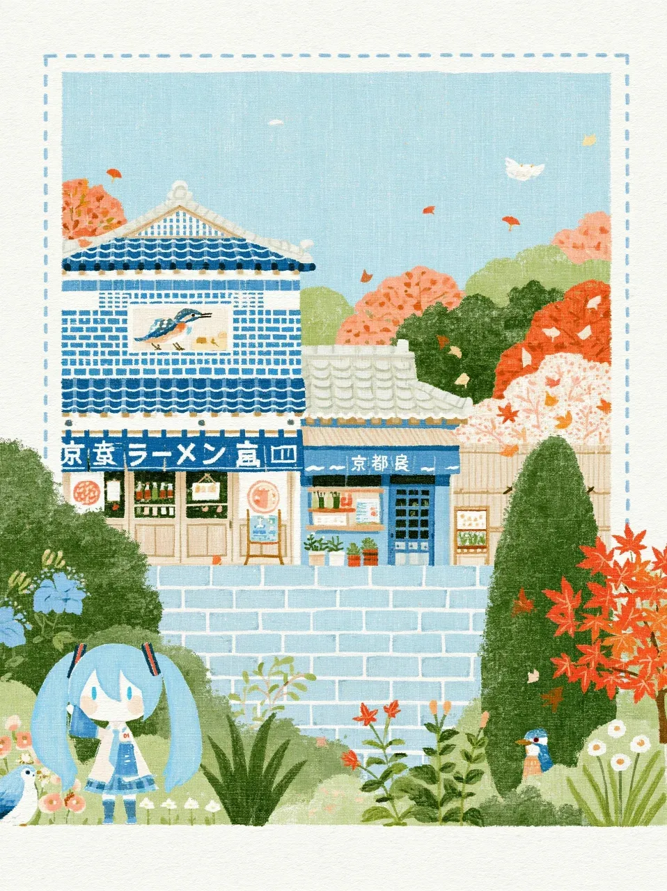 MJ日系插画分享 | 初音未来与京都秋色 | 软糯纹理太治愈