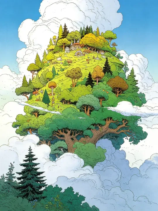 即梦作品拆解 | Moebius风格云中森林秘境 | 画面透视和色彩值得分析