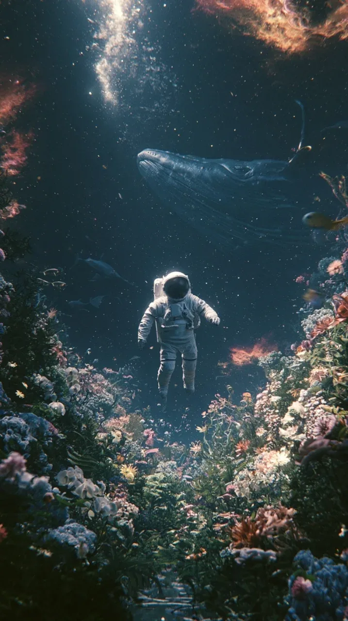 Midjourney奇幻漂浮宇航员|构图与色彩营造的神秘感