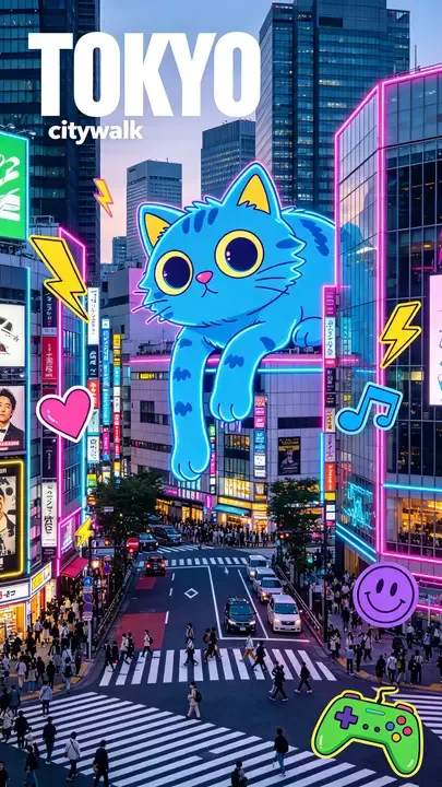 东京涩谷街头巨猫：AI混搭风角色融入真实场景的巧思