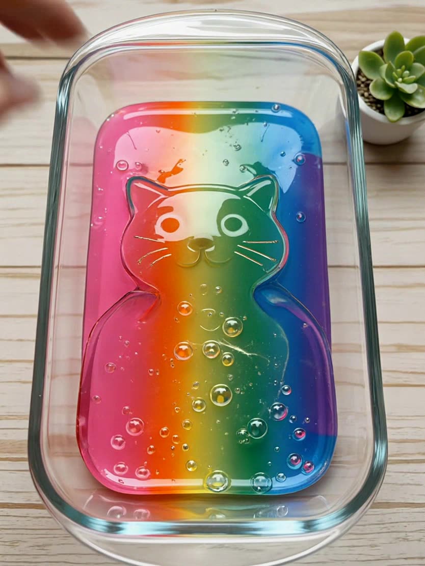 即梦视频解析｜第一视角互动，猫咪水晶泥材质和动态表现