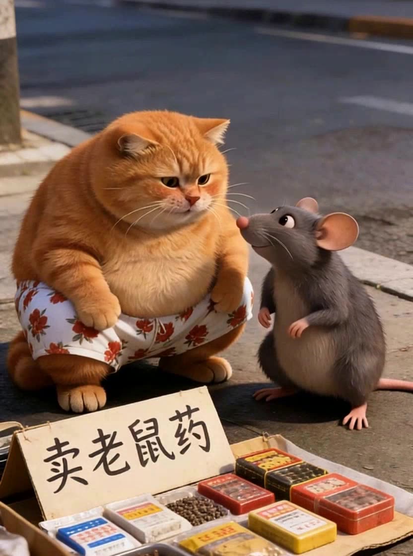 即梦这视频的戏剧感：猫鼠对话的地摊叙事｜固定镜头下的情绪张力