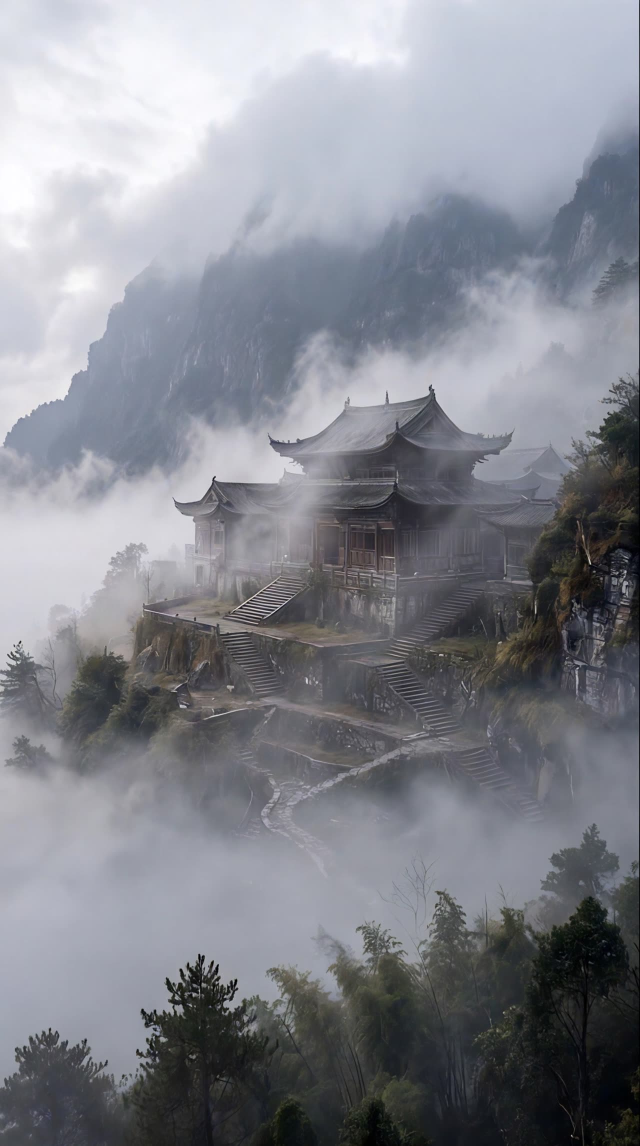 高空弧线下降入雾｜云海寺庙的镜头情绪与叙事节奏