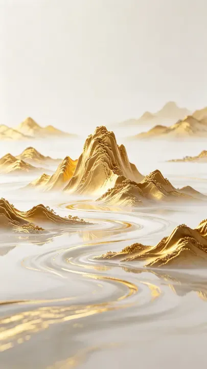 即梦一篇抽象千里江山图|金色山峦与流淌韵律的视觉实验