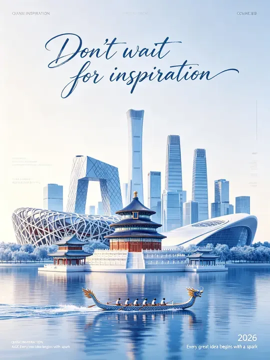 即梦作品拆解：蓝白渐变中的北京地标群像与情绪流呈现