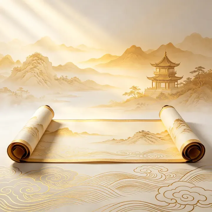 即梦好图拆解：新中式山水卷轴 | 浅金色工笔与留白构图巧思
