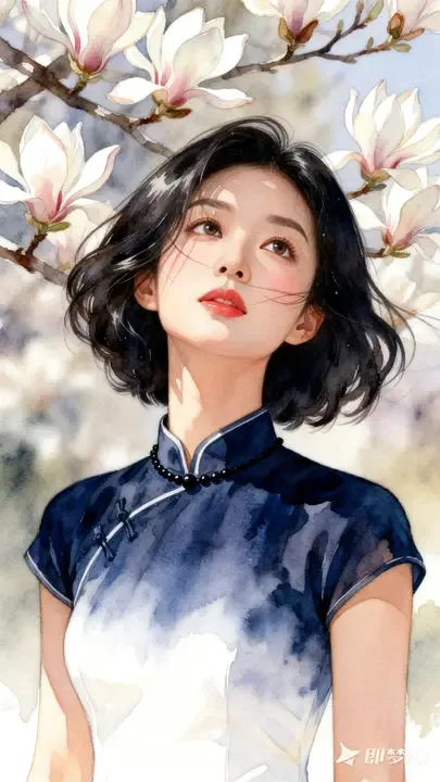 即梦好图分享：玉兰美人水彩画风，这光影和构图值得细品